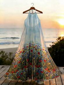 GlowEve Women's Summer Beach Vacation Floral Print Twist Neck Semi-Sheer Dress - Multicolor - View 1