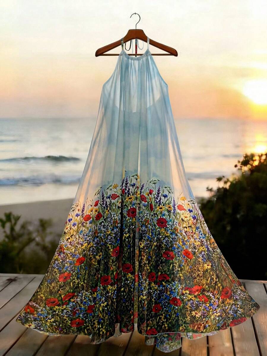 GlowEve Women's Summer Beach Vacation Floral Print Twist Neck Semi-Sheer Dress - Multicolor - View 1