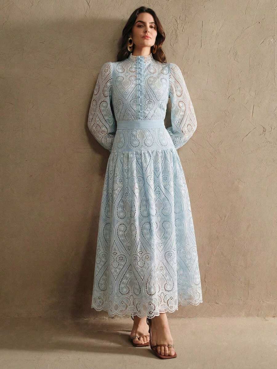 Anewsta Romantisk, broderad blå blus + kjol med puffärm för kvinnor, exklusivt för vår-/sommarsemester och dejt - Blå - Visa 1