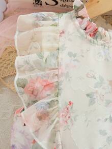 Souflis Souflis 年轻女孩玫瑰碎花无袖泡泡袖连衣裙，高品质公主风格夏季摇摆连衣裙，后拉链，可爱甜美日常/休闲装 - 粉色 - 查看 4