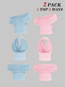 SHEIN MOD 2件套三穿女式休闲纯色修身上衣，C - 淺藍色 - 查看 2