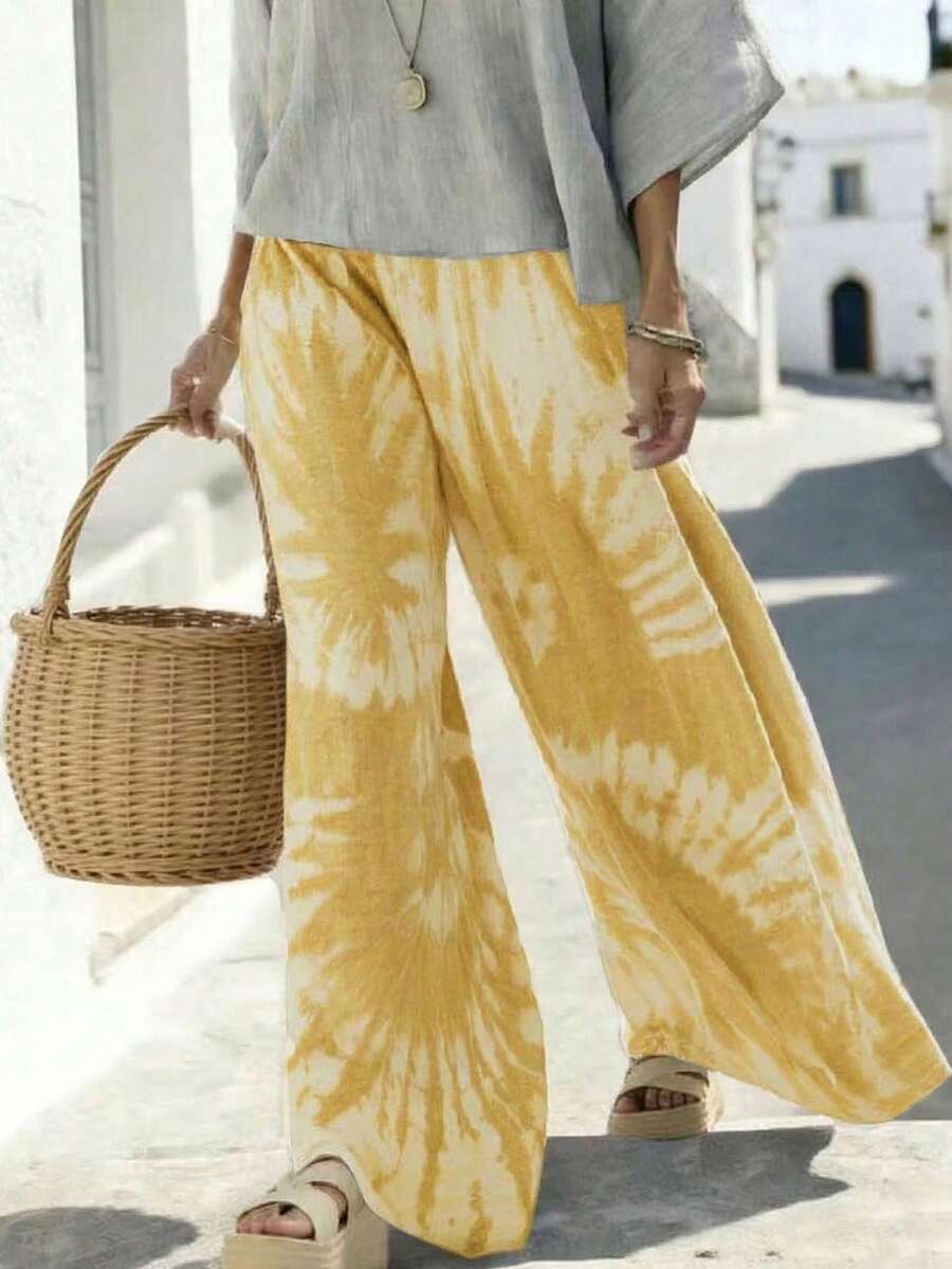Breezaya Women's Tie-Dye Print Wide Leg Loose Casual Pants - Butter Yellow - View 1