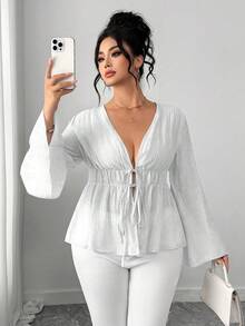 Elenzga 大尺碼女款優雅白色夏季喇叭袖派對輕便拉鍊上衣，柔軟面料長袖罩衫休閒外套 - 白色 - 查看 4