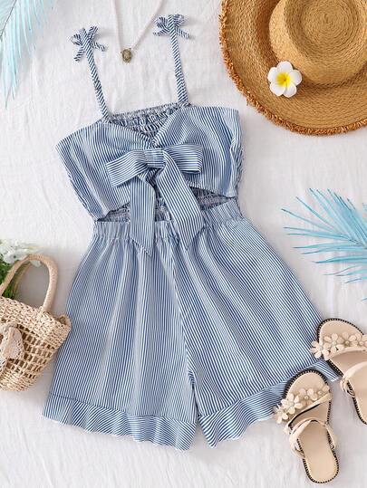 Teen Girls' Romper, Elegant Casual Holiday, Spaghetti Strap Snug Fit Fitted Blue Woven Shorts, Spring/Summer, Suitable For Outdoor Holiday Wear