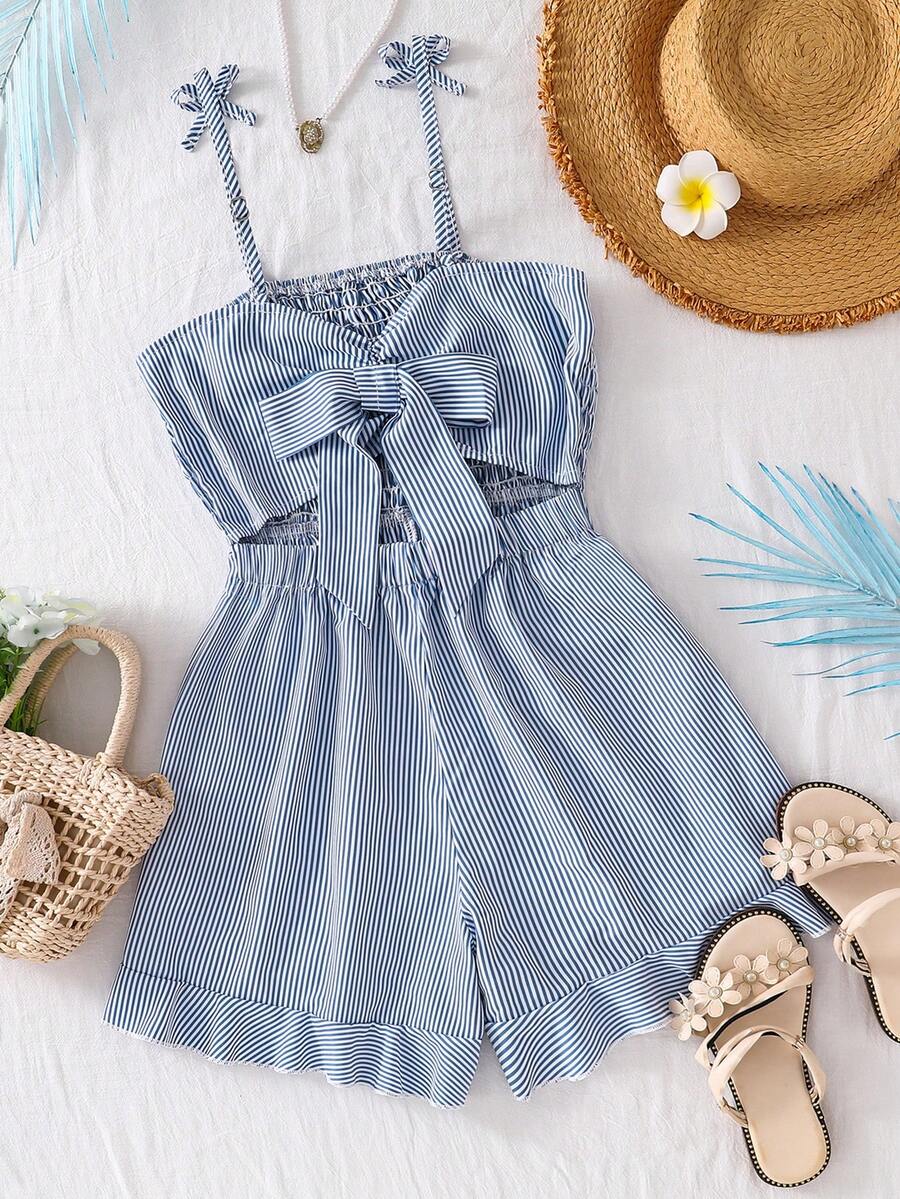 SHEIN Sparklyn Teen Girls' Romper, Elegant Casual Holiday, Spaghetti Strap Snug Fit Fitted Blue Woven Shorts, Spring/Summer, Suitable For Outdoor Holiday Wear - Blue and White - View 1
