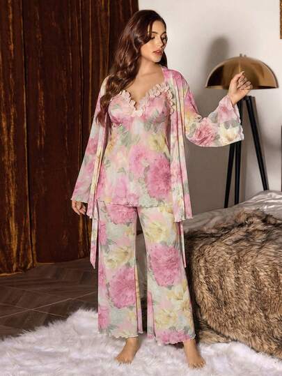 Slumberist Fashionable Floral Print Lace-Up Camisole & Robe Pajama Set, Plus Size