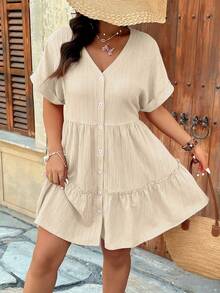 EMERY ROSE Plus Size V-Neck Batwing Sleeves Ruffle Hem A-Line Dress,Cute Beige Woven Fabric Textured Drop Shoulder Boho Summer Holiday Vacation Casual Dress - Apricot - View 5