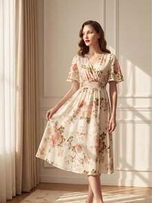 Suri Mira Casual-Women Romantic Floral Print Dress - Apricot - View 6