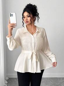 GlowEve CURVE Áo cánh xếp ly thanh lịch cỡ lớn dành cho nữ, bán chạy nhất, đa năng khi đi làm, áo bó eo thon gọn - Màu be - Xem 7