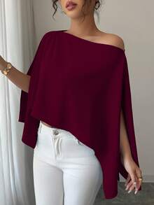 SHEIN PETITE 女士纯色蝙蝠袖短款时尚上衣 - 酒紅色 - 查看 4