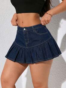 SHEIN Tall Women's Y2K High Waist Denim Skort Dark Blue Pleated Summer Casual Outfit For Party Streetwear Women's High Waist Pocketed Ruffle Hem Casual Denim Skirt Shorts - Dark Wash - View 3