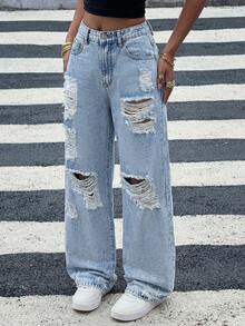 SHEIN Teen GirlBlue Distressed Loose Fit Jeans - Light Wash - View 6