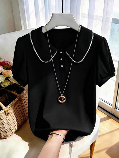 GlowEve CURVE Plus Size Women's Round Neck Tassel Trim Contrast Color Loose Black Music Festival, Mother's Day Short Sleeve Casual Elegant Vacation T-Shirt