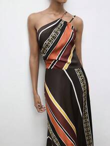 Maija 棕色条纹连衣裙，不对称下摆，不对称肩部设计，适合度假和海滩穿着，收腰沙滩裙，夏季连衣裙，节日连衣裙，优雅假日装扮，女士单侧连衣裙，设计师连衣裙，女士连衣裙，正式服装，棕色连衣裙，晚宴连衣裙，缎面连衣裙，长款连衣裙，女士缎面连衣裙 - 彩色 - 查看 6