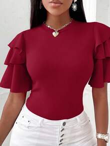 EMERY ROSE Plain Burgundy Knitted Fabric Plus Size T-Shirt Featuring Round Neck And Flattering Layered Half Sleeves - Burgundy - View 1