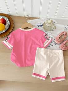 SHEIN 2pcs/Set Young Girl Letter & Number Print Round Neck Short Sleeve T-Shirt And Shorts, Casual Minimalist, Suitable For Spring/Summer Daily, Sports, Outdoor - Multicolor - View 2
