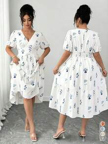 SHEIN Elenzya Große Größen V-Ausschnitt weißes Blumenprint Midi Kleid - Blau - Übersicht 1