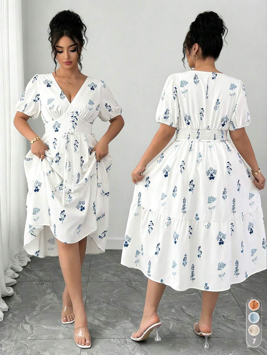 SHEIN Elenzya Große Größen V-Ausschnitt weißes Blumenprint Midi Kleid - Blau - Übersicht 1