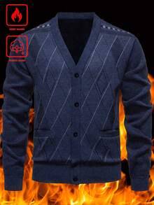 Manfinity Mode Men's Knitted Cardigan With Fleece, V-Neck , Fall Winter, Long Sleeve Top - Navy Blue - View 3