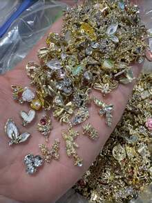 24件套Y2K风格美甲饰品，合金材质，3D立体爱心星星蝴蝶结水钻樱桃美甲装饰配件，闪亮礼物，送给朋友 - 金色 - 查看 2