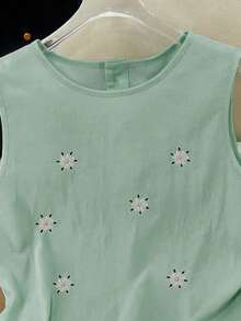 Everyssa 女士夏季无袖法式刺绣亚麻衬衫 - 薄荷綠 - 查看 4