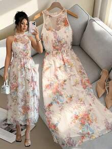 SHEIN Elenzya Đầm voan dài ngang gối họa tiết hoa pastel 3D thắt eo, kiểu dáng lãng mạn, thanh lịch, ôm sát, thích hợp cho hẹn hò và tiệc tùng. - Nhiều màu - Xem 1