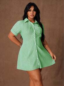 Plus Size Women Striped Short Sleeve Dress - Green - View 5
