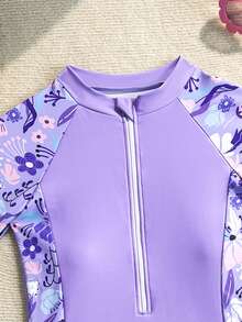 SHEIN 少女碎花连体泳衣，适合游泳、夏季度假和海滩穿着 - 紫色 - 查看 4