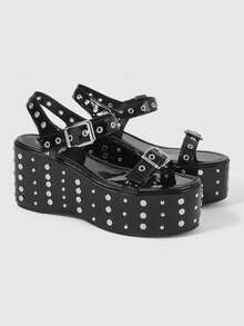 ROMWE Grunge Punk 女士铆钉扣金属丝厚底凉鞋。 - 黑色 - 查看 2