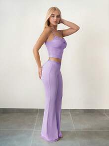Sweetina 2pcs/Set Lace Camisole & Flare Pants, Casual Outfit For Teens - Lilac Purple - View 3