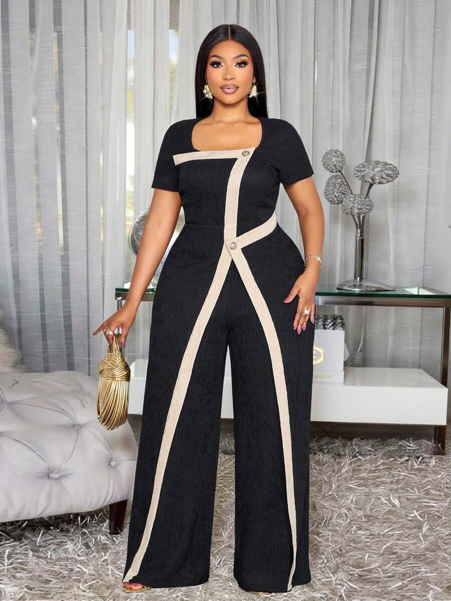 SOLERSUN 大码女装春夏时尚，优雅休闲度假风，短袖方领，收腰阔腿裤，连体裤，黑杏色，撞色滚边，纽扣纹理面料，适合多种场合，日常穿着、购物、约会、商务聚会、办公室、通勤、返校季穿着。 - 黑色 - 查看 1