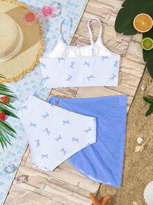 少女休闲简约吊带背心、三角泳裤和迷你裙三件套泳衣套装，适合夏季穿着 - 彩色 - 查看 2