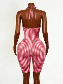 SHEIN Tall Bộ jumpsuit nữ kẻ caro thời trang cổ yếm hở lưng, thích hợp cho mùa hè. - Đỏ và trắng - Xem 3
