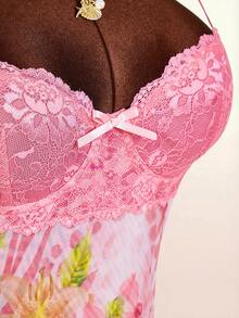 Amplova Lace Cup Detail Tropical Floral Mesh Bodycon Mini Dress Summer Outfit For Women   Spring Outfit Festival Outfits For Women  Party Dress Beach Outfit For Women Wedding Guest Dress For Women Elegant Dresses For Women Casual Dresses For Women Vacation Outfits Women - Pink - View 7