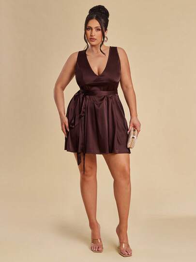 SHEIN BAE Plus Size Women's Red Wood Color Tie-Up V-Neck Short Dress