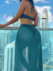 Swim SXY 3pcs/Set Women's Halter Neck Bikini Set And Bikini Set Bottoms With Slit Swimskirt For Beach Vacation Summer Beach - Teal Blue - View 2