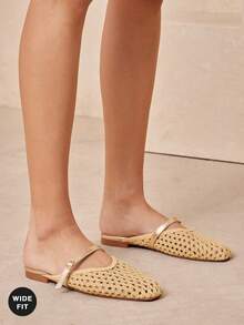 SHUZIA Ladies Wide Fit Elegant Crochet Woven PU Slip-On Mules - Apricot - View 4