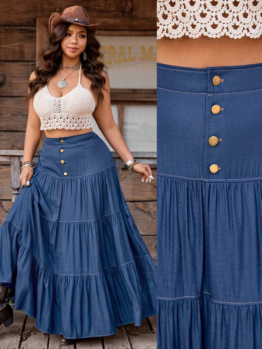 Nubod Plus Size Casual Vacation Multi-Layer Skirt Fall - Navy Blue - View 1