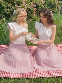 2pcs/Set Tween Girls White Summer Cute Tea Party Outfit,Elegant Beaded Floral Decor Spaghetti Strap Fitted Top&Pleated Minimalist A-Line Skirt,Casual - Pink - View 3