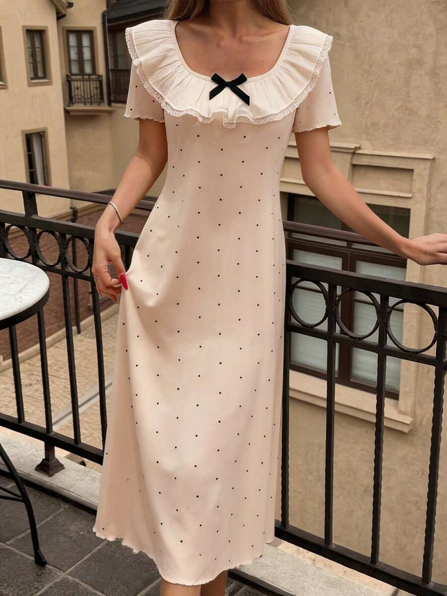 DAZY Polka Dot Print Ruffle Collar Bow Decor Women Short Sleeve Nightgown Pajama - Beige - View 1