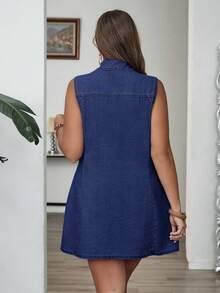EMERY ROSE EMERY ROSE Plus Size Solid Color Minimalist Sleeveless Denim Dress, Casual Everyday Wear - Dark Wash - View 2