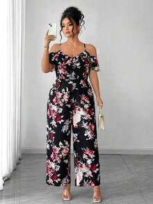 Elenzga Plus Size Casual Vacation Printed Spaghetti Strap Off-Shoulder Cap Sleeve Jumpsuit Fall - Multicolor - View 4