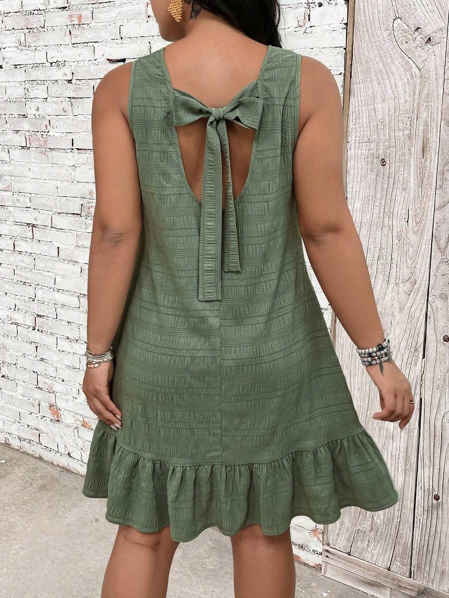 EMERY ROSE Đầm lửng màu xanh nhạt thời trang mùa xuân với bèo nhún và dây buộc dành cho nữ - màu xanh lá - Xem 1