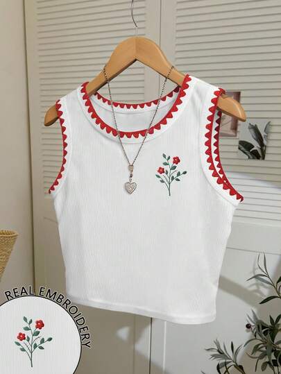 Resyla Top corto de cuello redondo con patrón floral bordado y contraste de color para mujer