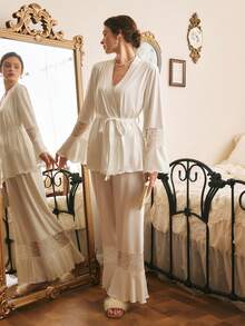 Bộ 3 món đồ ngủ nữ ren khoét lỗ thanh lịch kiểu miền Nam nước Pháp. - trắng - Xem 5