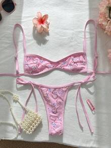 Swim SXY Bộ bikini 2 mảnh màu xanh bạc hà đính sequin gợi cảm mùa xuân/hè 2026, kiểu dây mảnh buộc eo kết hợp tam giác, vẻ ngoài tươi tắn và quyến rũ trên bãi biển, đồ bơi tôn dáng, bộ bikini thêu cho nữ, bộ bikini màu hồng, bộ bikini 2 mảnh, bộ bikini hoa hồng. - Hồng - Xem 2