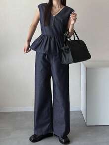 FRIFUL Bộ áo gile và quần jean cổ chữ V dành cho nữ - Màu xanh lam - Xem 3