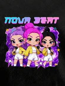 3件套少女休闲创意个性清新简约时尚虚拟少女团体五角星图案字母印花短袖T恤套装，黑色/粉色/紫色，舒适日常穿着，适合春夏穿着 - 彩色 - 查看 5