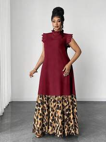 Maweii Plus Size Women Elegant Vintage Lace Patchwork Sleeveless Dress - Burgundy - View 4