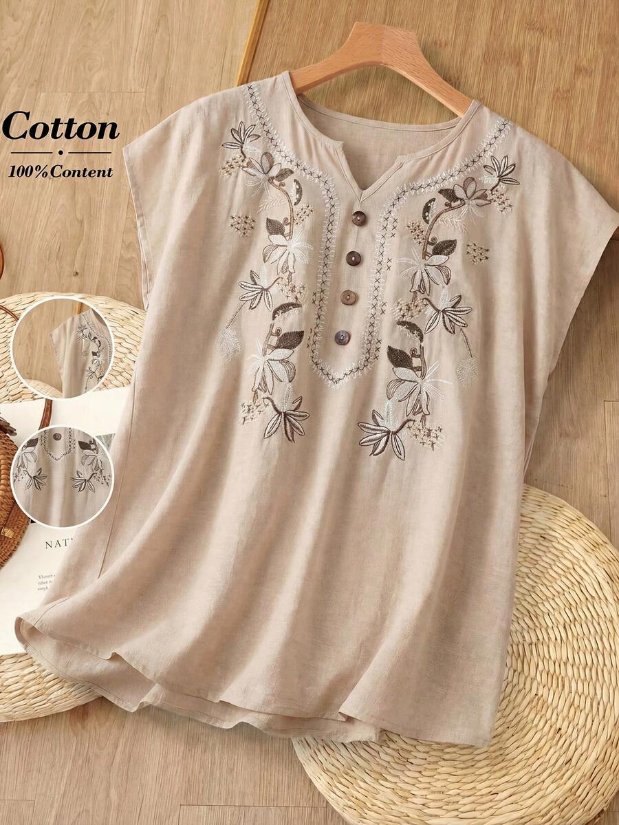 Rusticease Áo sơ mi nữ mùa hè thêu họa tiết phong cách thường ngày - Màu Khaki - Xem 1